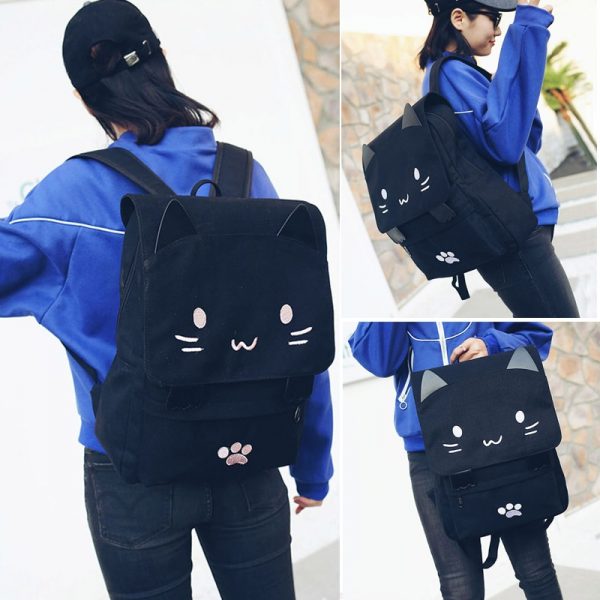 Women Cute Cat Backpack Canvas Kawaii Backpacks School Bag for Student Teenagers Lovely Rucksack Cartoon Bookbags Mochilas